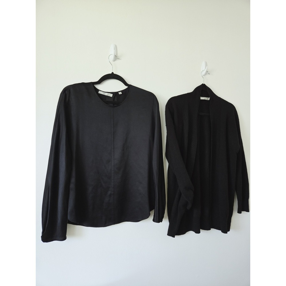 VINCE Silk Top & Cashmere Blend Open-Front Cardigan Black Sz M (Bundle) Luxury